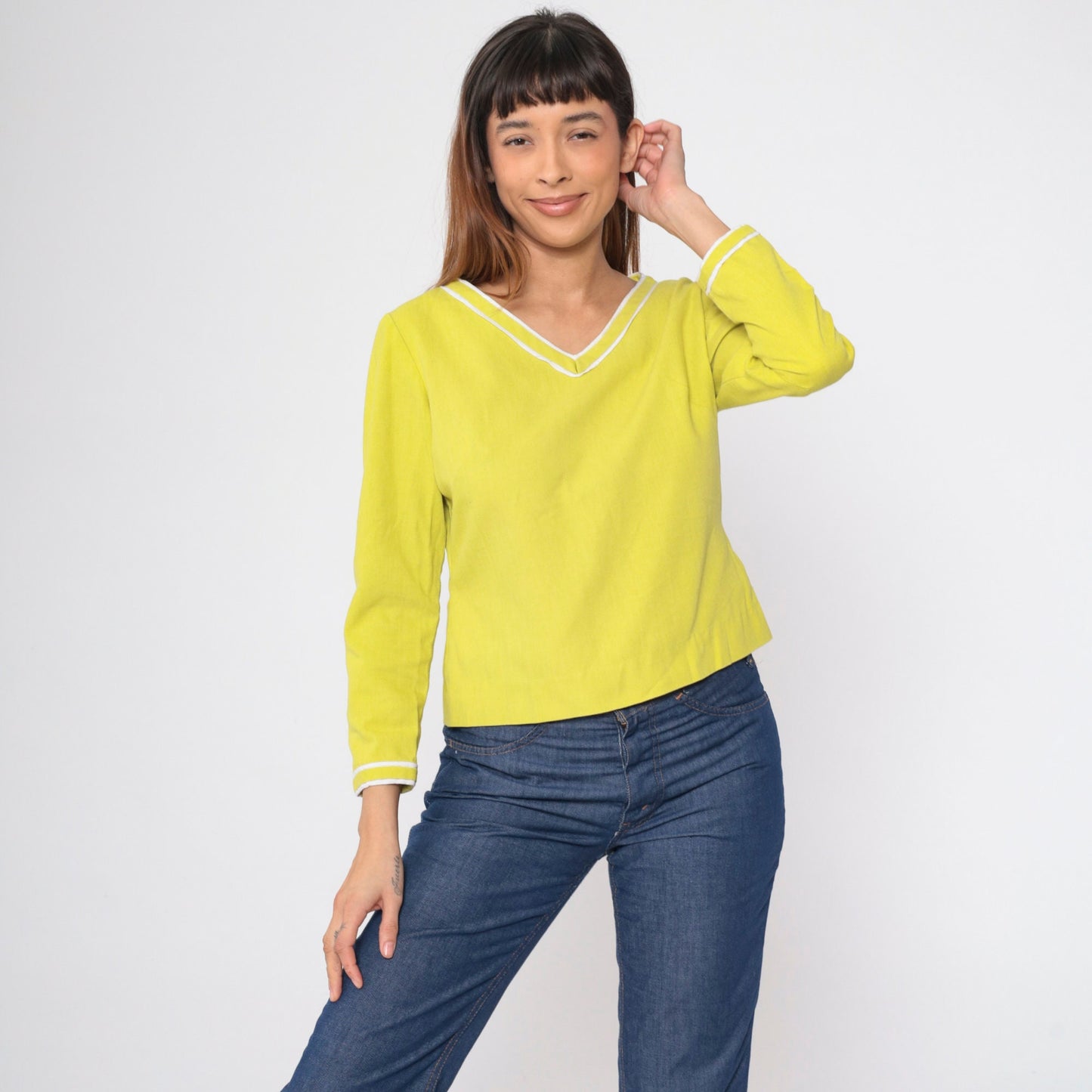 60s Young Edwardian Chartreuse Blouse Long Sleeve V-Neck Zipper Back Medium