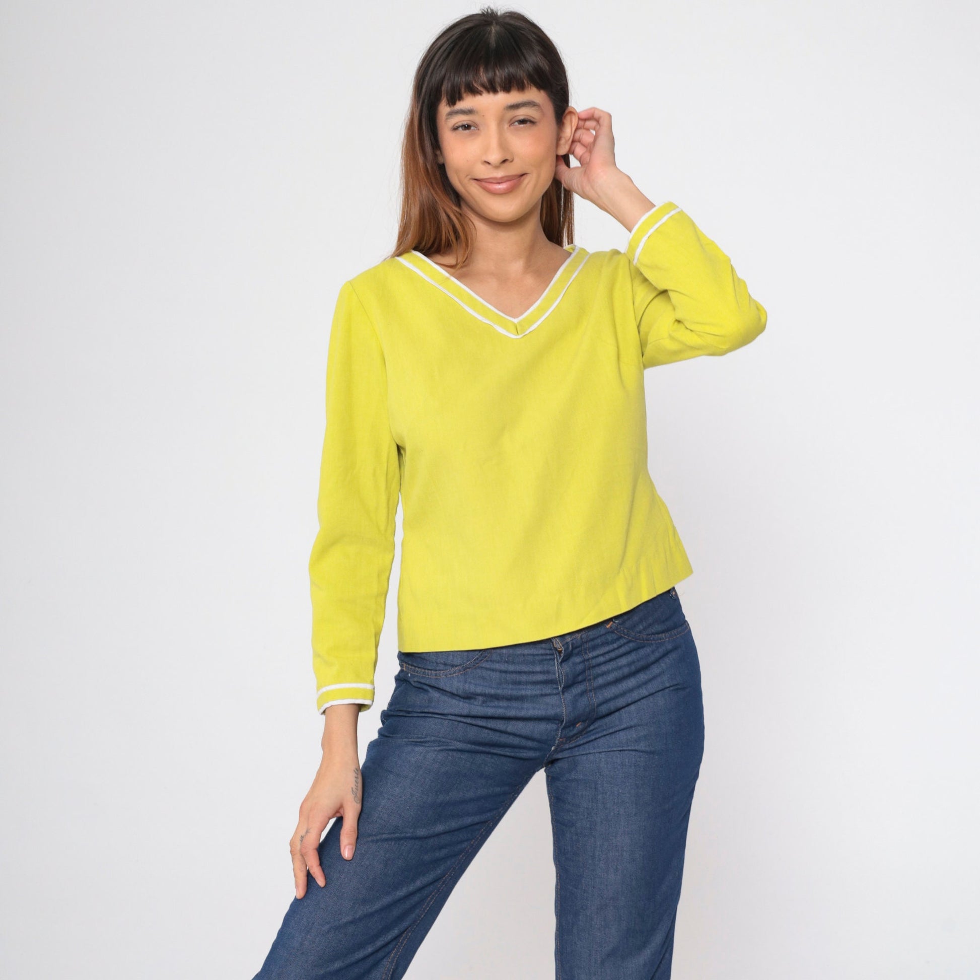 60s Young Edwardian Chartreuse Blouse Long Sleeve V-Neck Zipper Back Medium