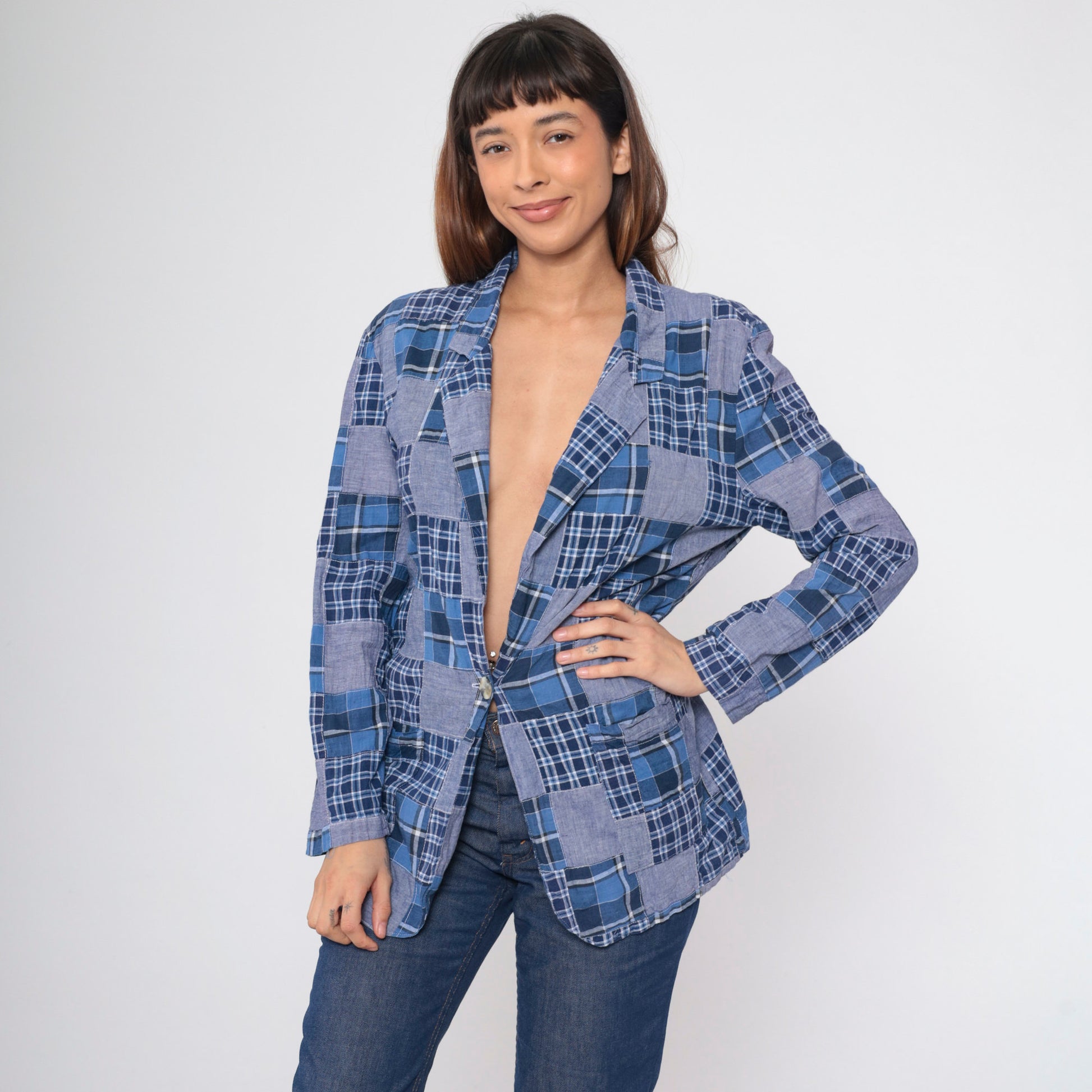 80s Clio Patchwork Plaid Blazer Blue Chambray V-Neck Button-Up Small