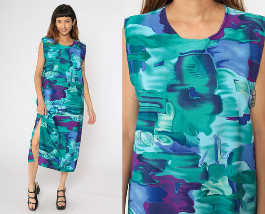 90s Abstract Watercolour Sundress Turquoise Purple Maxi Side Slit Large