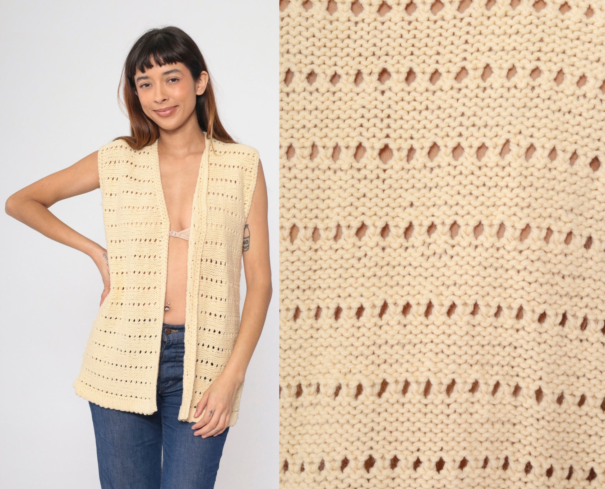 70s Cream Knit Vest Sleeveless V-Neck Sweater Tank Medium
