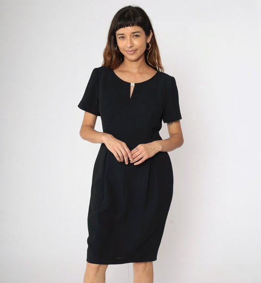 90s Maggy London Black Knee-Length Sheath Dress Rhinestone Clasp Medium