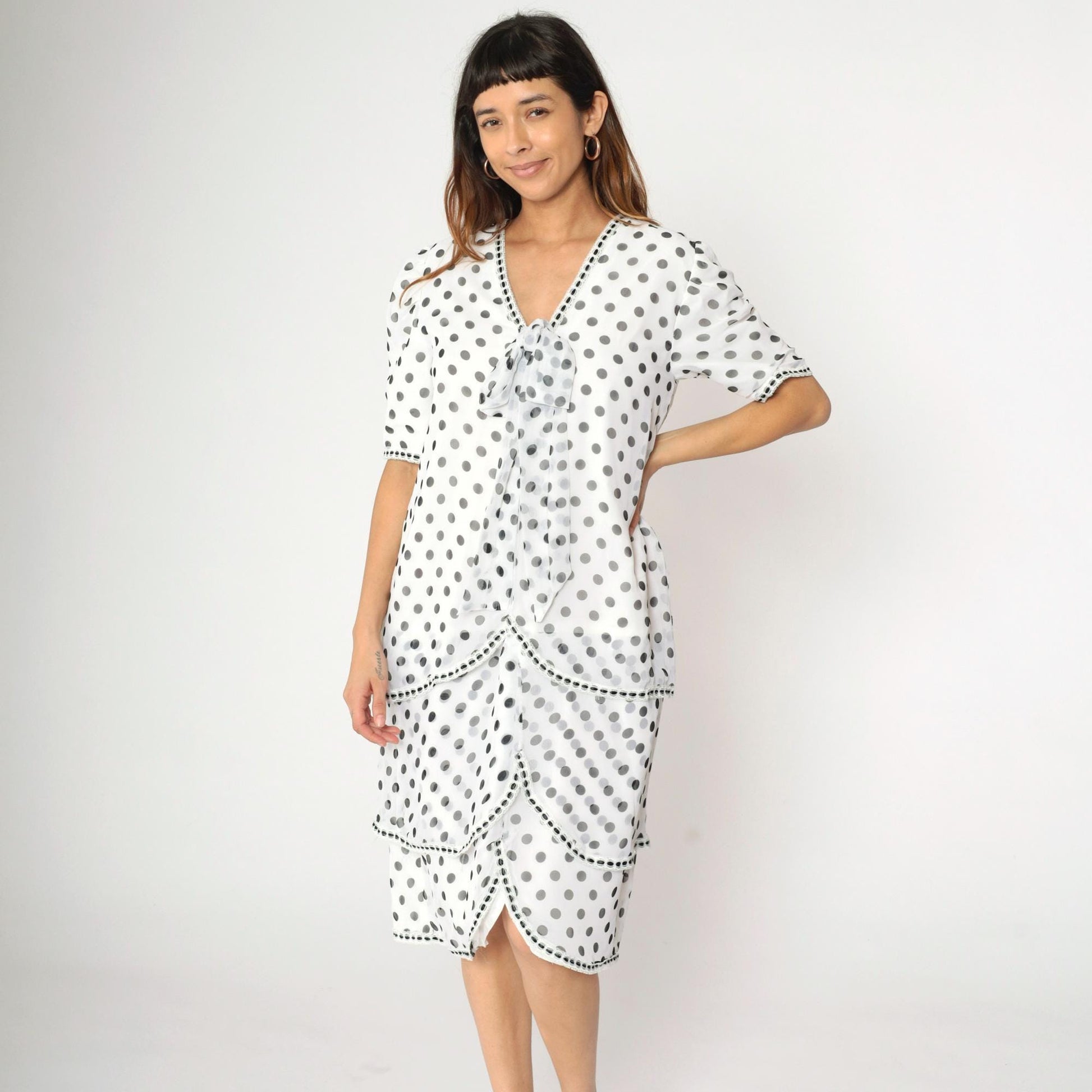 80s White Polka Dot Chiffon Midi Dress Puff Sleeve Ascot Bow Medium