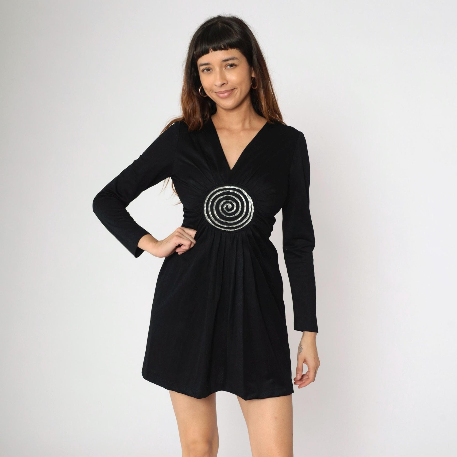 70s Black Sequin Babydoll Mini Dress Empire Waist V Neck Long Sleeve Small