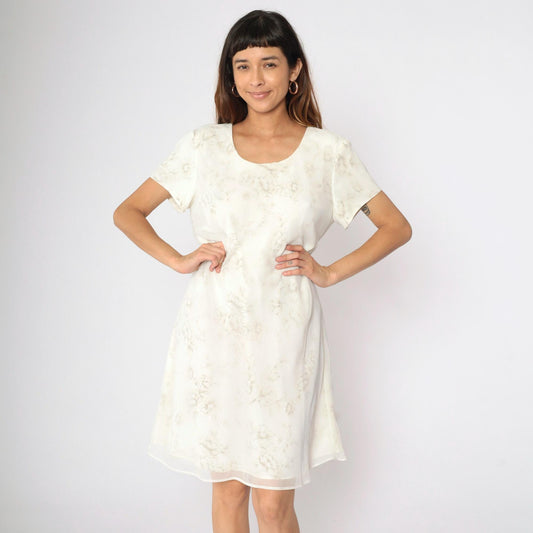 90s Jessica Howard Floral Mini Dress Cream Chiffon Shift Short Sleeve Large