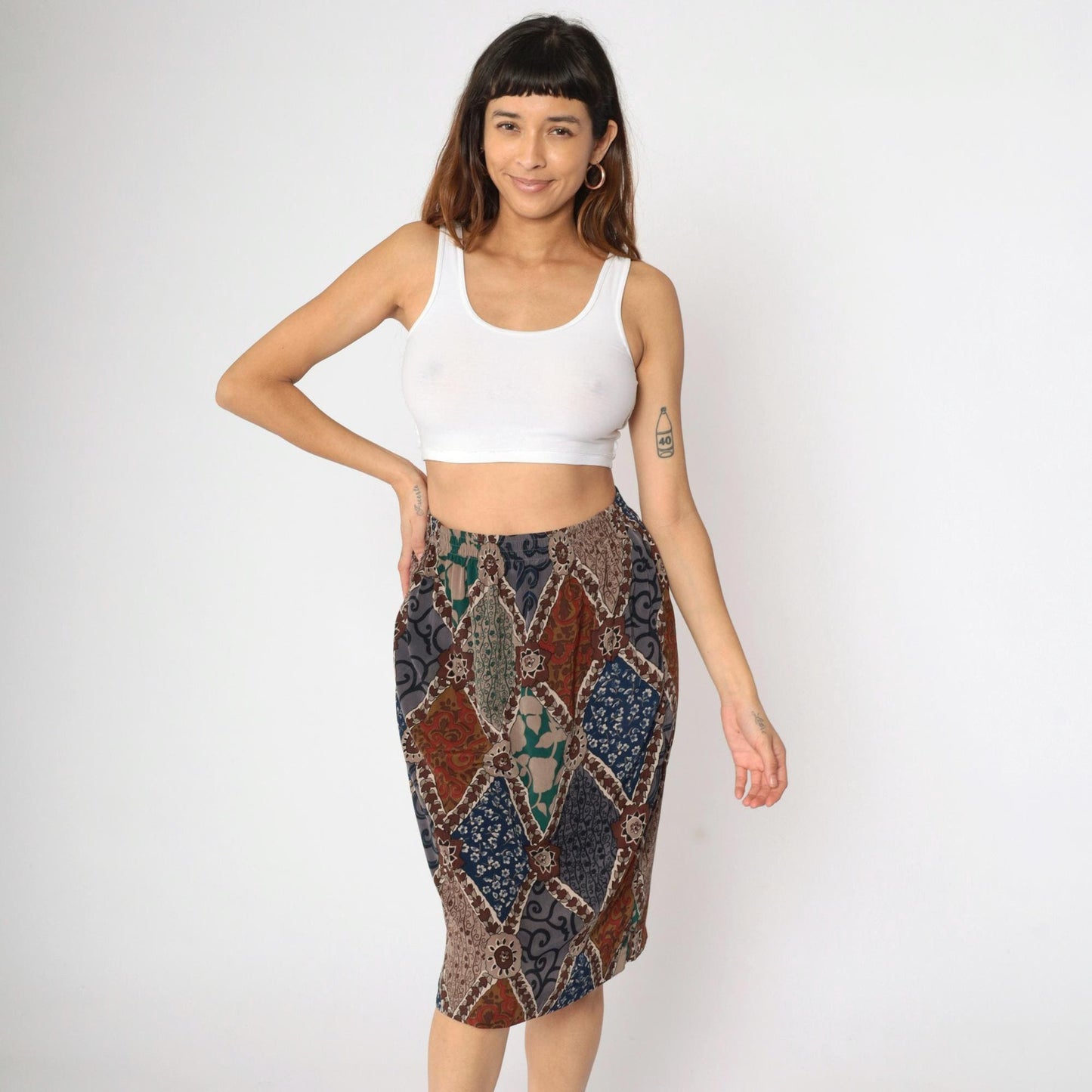 90s Patchwork Floral Midi Skirt High Waist Pencil Cut Red Grey Blue Medium