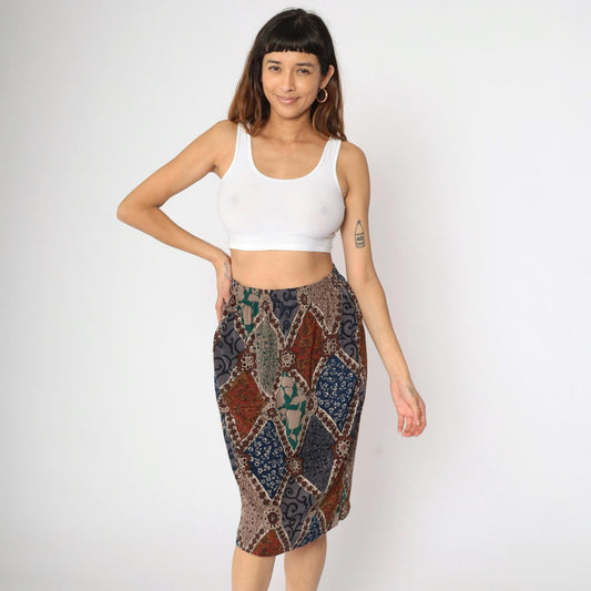 90s Patchwork Floral Midi Skirt High Waist Pencil Cut Red Grey Blue Medium