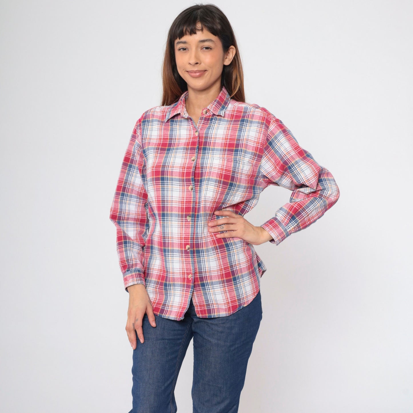 90s Plaid Button Up Shirt Red White Blue Checkered Long Sleeve Medium
