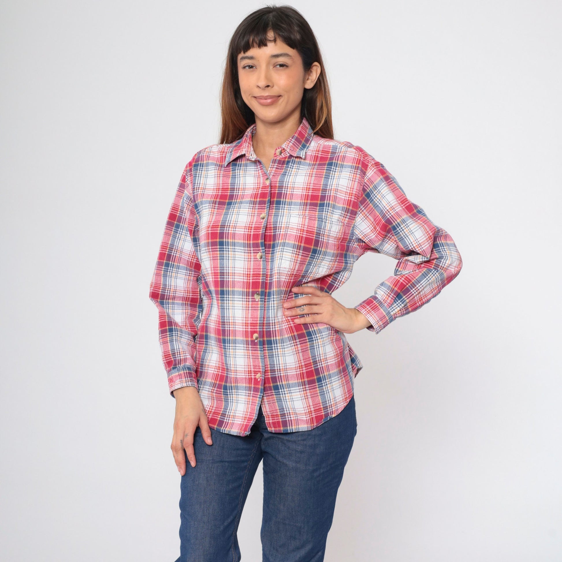 90s Plaid Button Up Shirt Red White Blue Checkered Long Sleeve Medium
