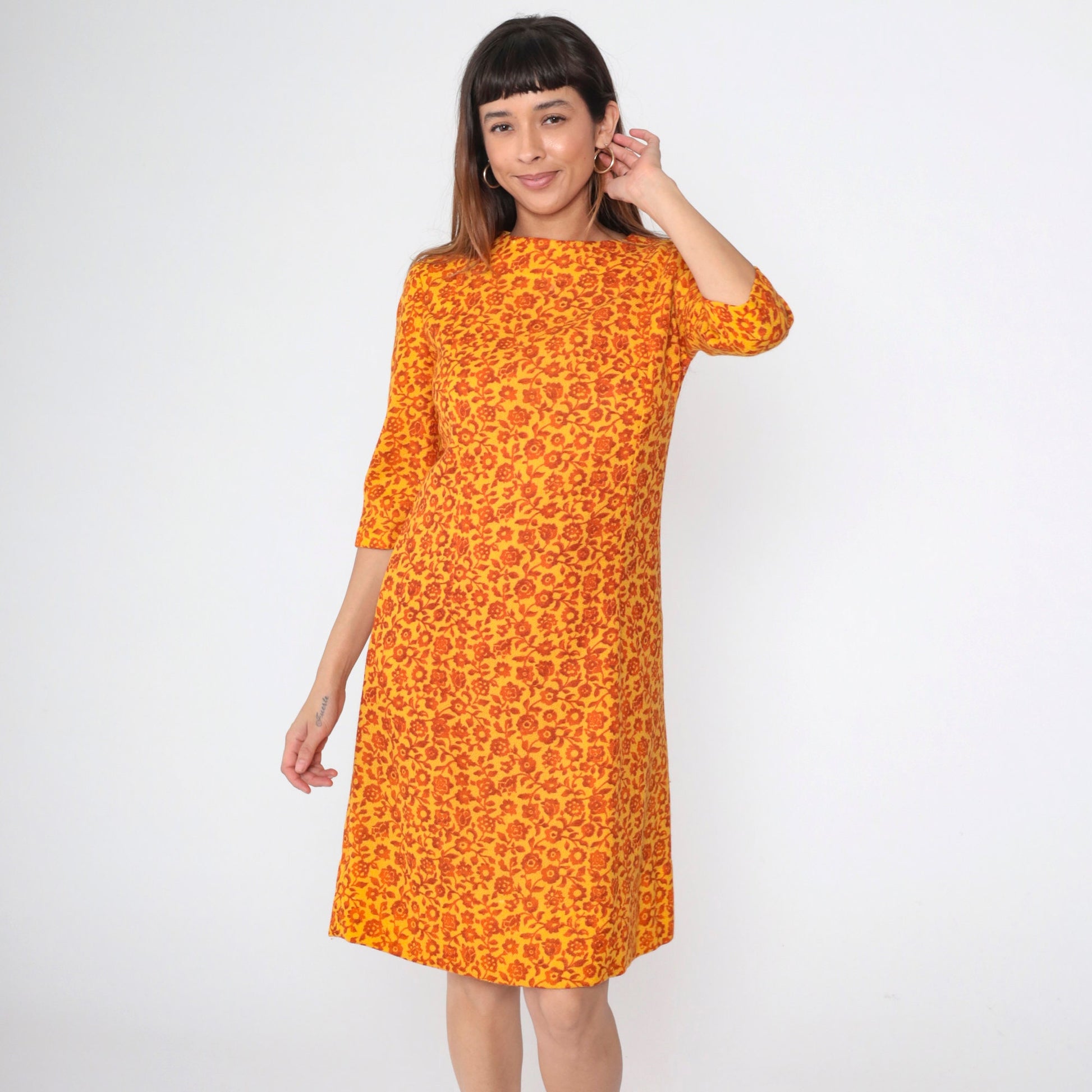 60s Floral Wool Shift Dress Yellow Orange Mod 3/4 Sleeve Small