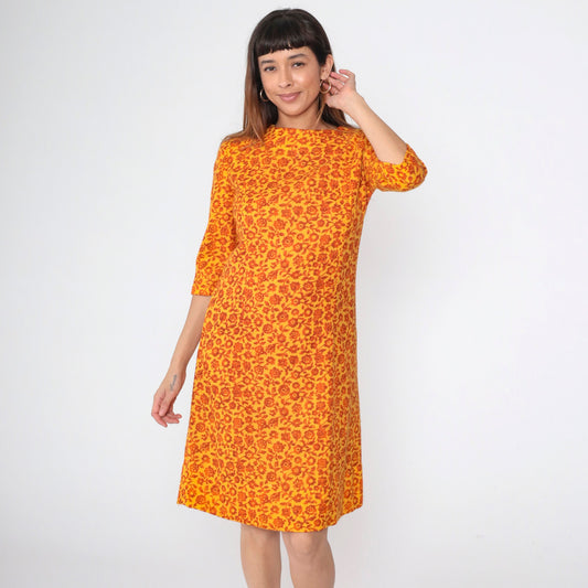 60s Floral Wool Shift Dress Yellow Orange Mod 3/4 Sleeve Small