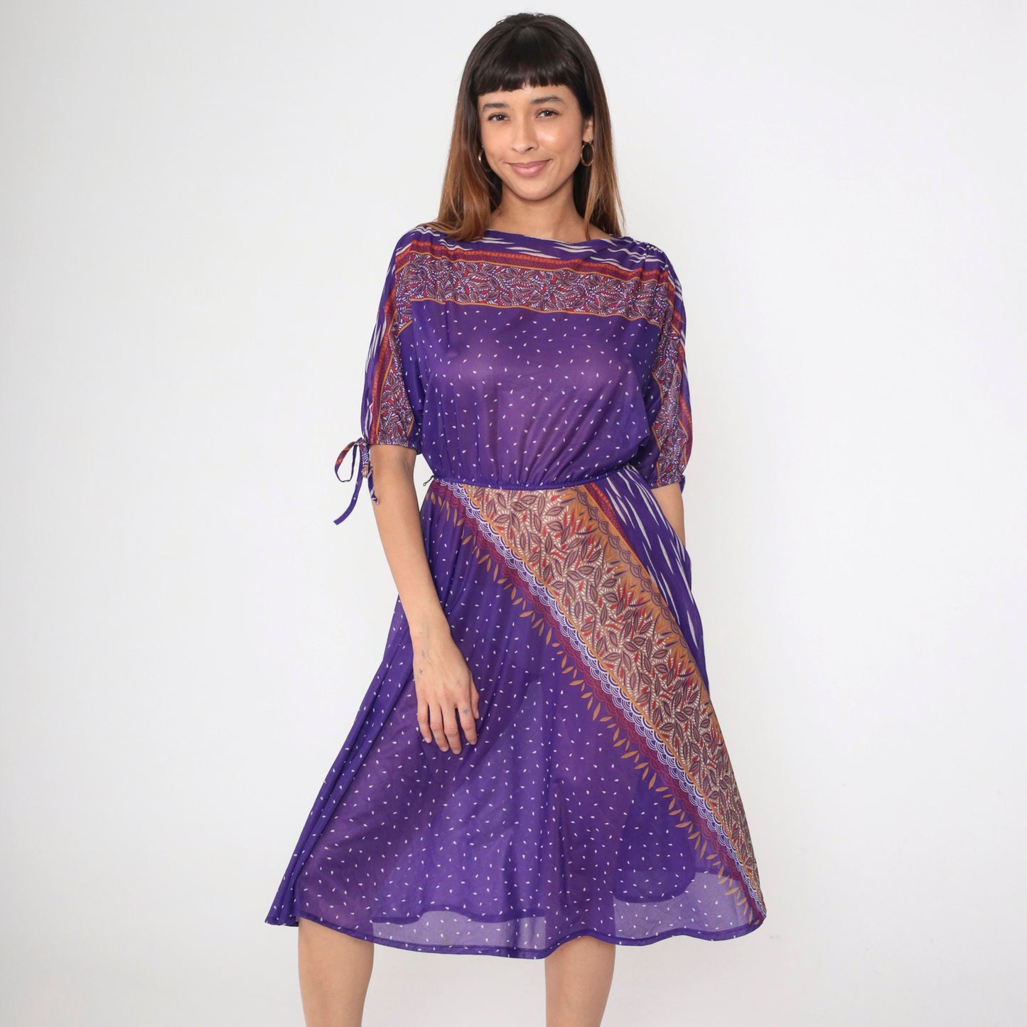 70s Purple Leaf Print Midi Dress Dolman Tie Sleeves Elastic Waist Small Medium