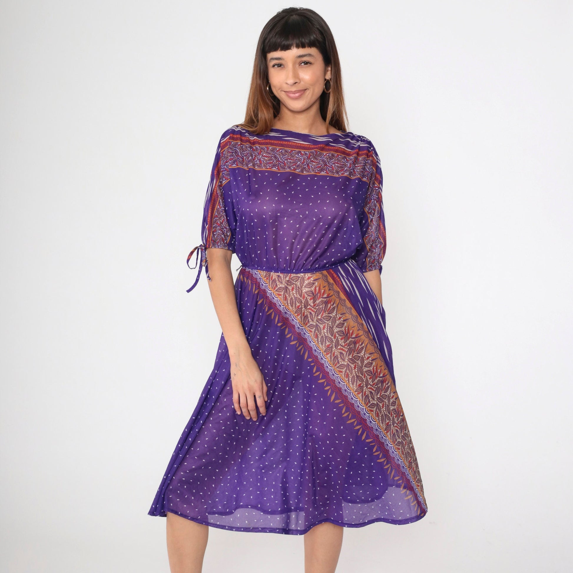 70s Purple Leaf Print Midi Dress Dolman Tie Sleeves Elastic Waist Small Medium