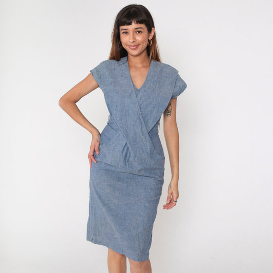 80s Blue Criss-Cross Wrap Midi Dress V-Neck Short Sleeve Small S