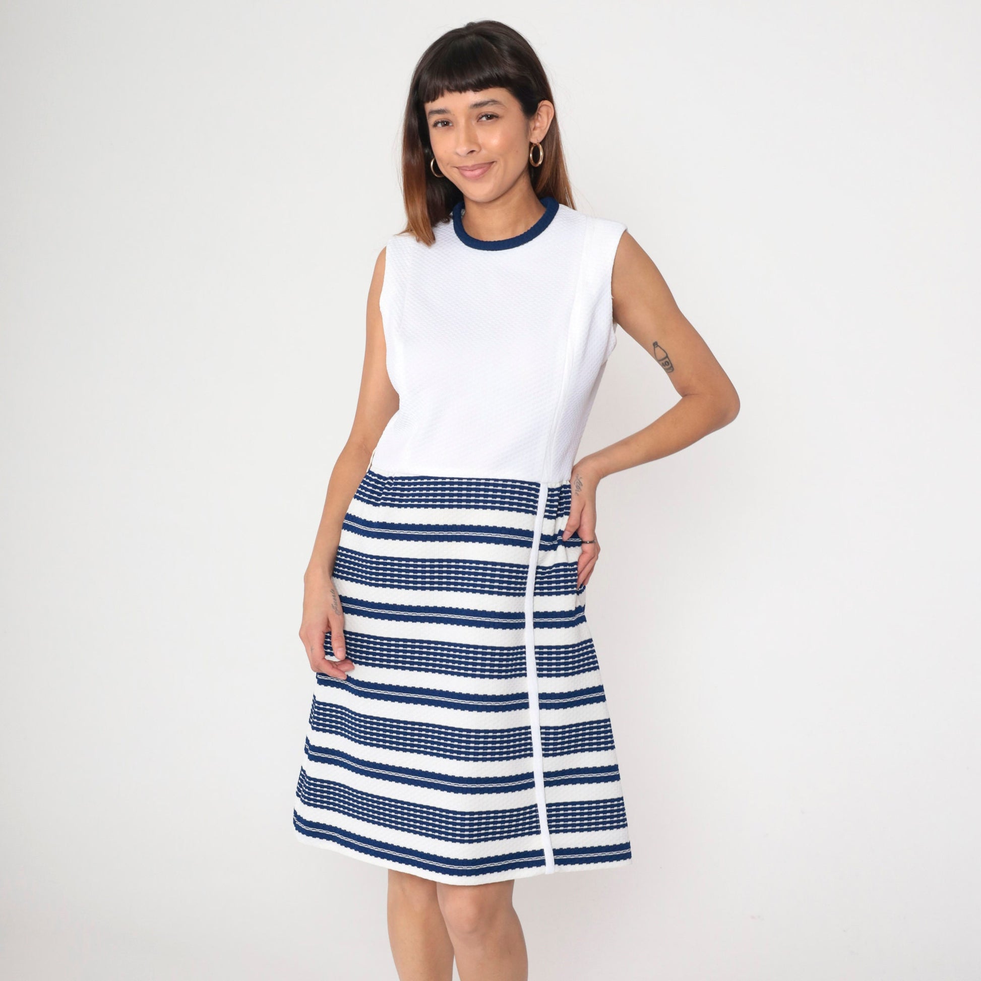 60s Kay Windsor Striped A-Line Dress Navy White Knee-Length Sleeveless Medium