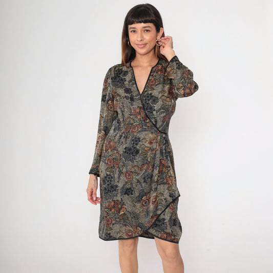 90s Silk Wrap Dress Floral Print V-Neck Long Sleeve Knee Length Black Medium
