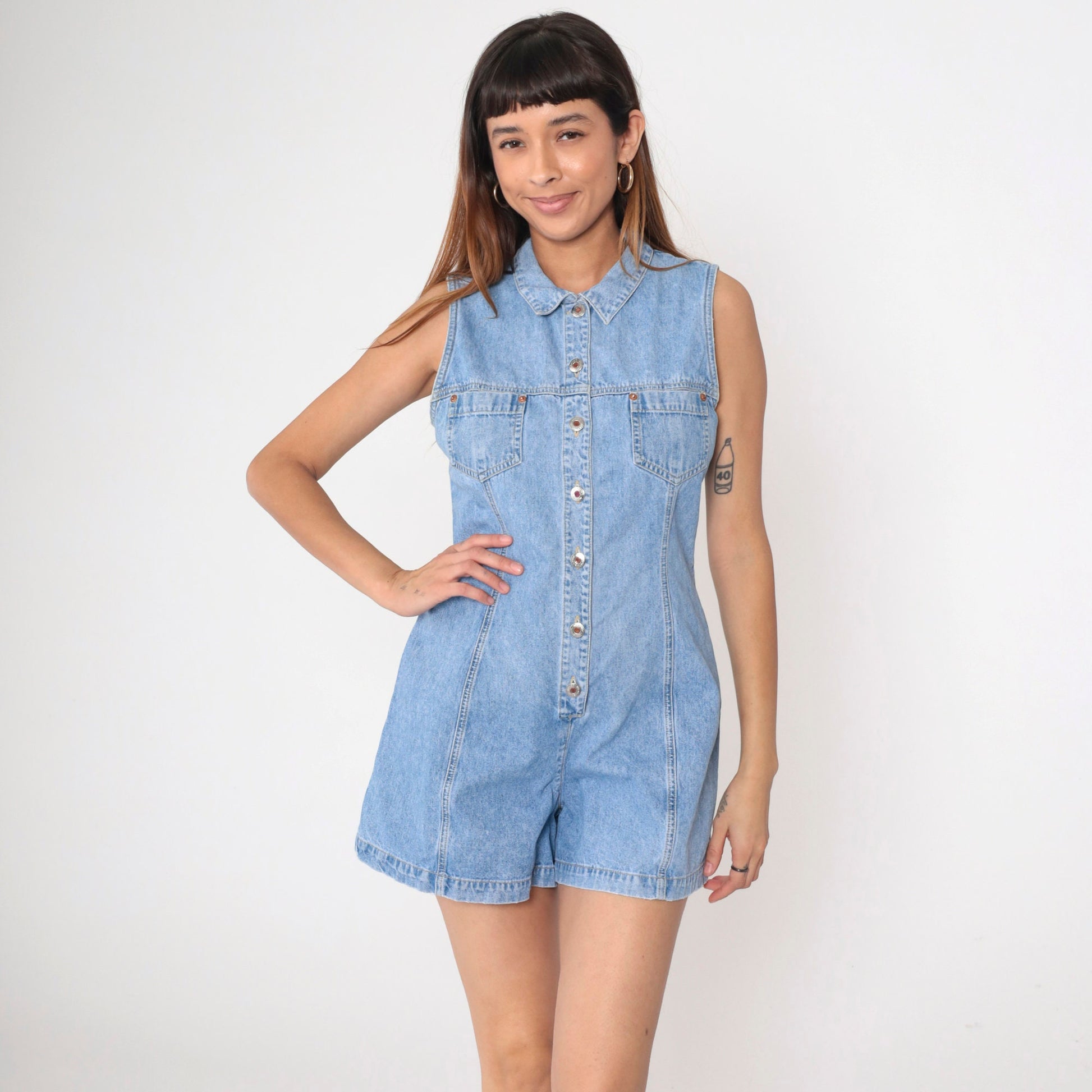 90s Denim Romper Keyhole Back Sleeveless Playsuit Small
