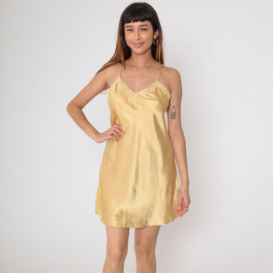90s Gold Satin Slip Dress Lace Trim Spaghetti Strap Mini Chemise Small