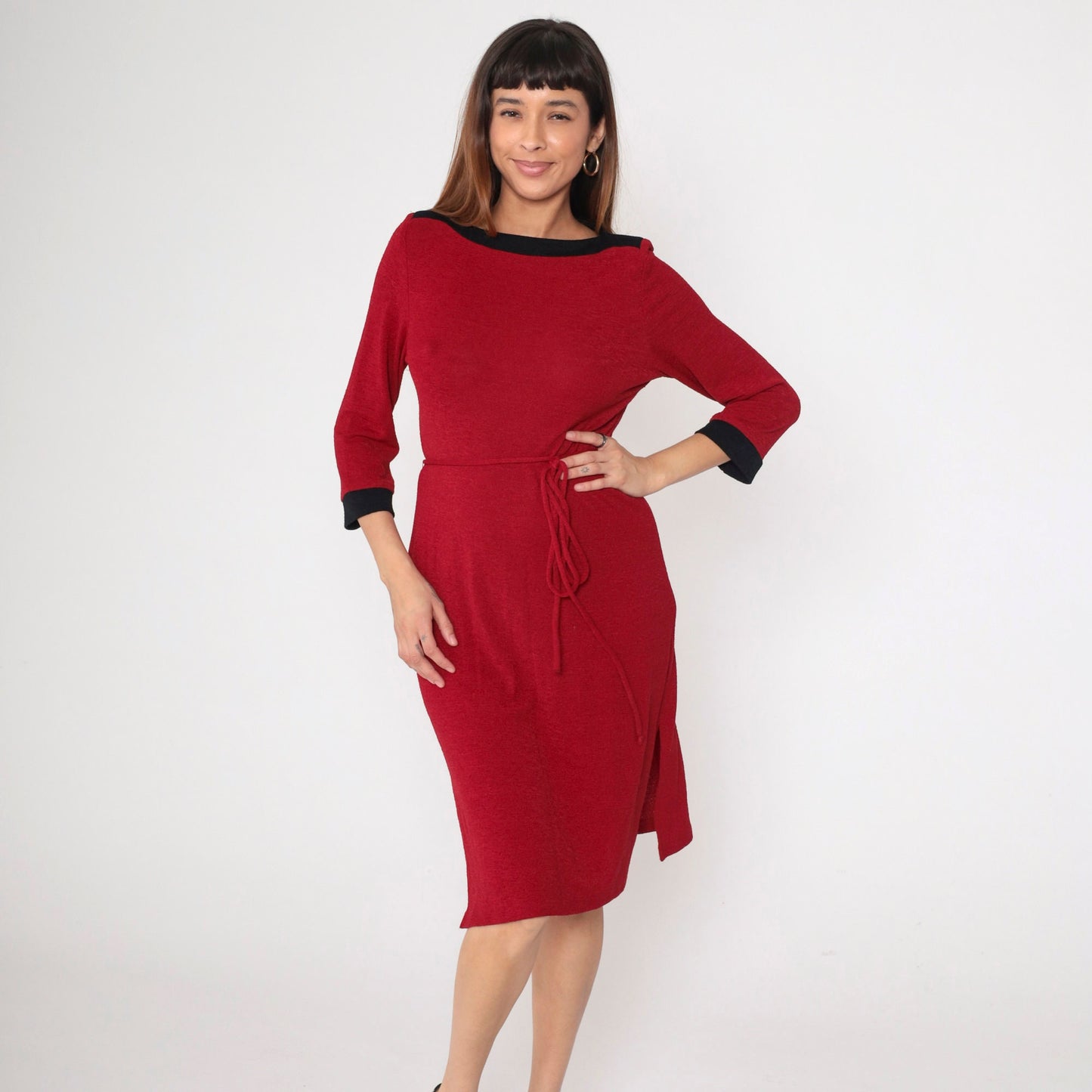 90s Red Shift Dress Boat Neck Black Trim Tie Belt Three-Quarter Sleeve Small Medium