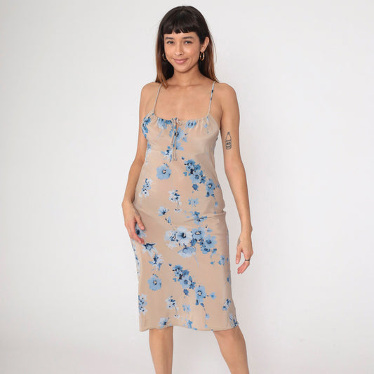 Y2K Charlotte Russe Floral Midi Sundress Taupe Blue Empire Waist Small