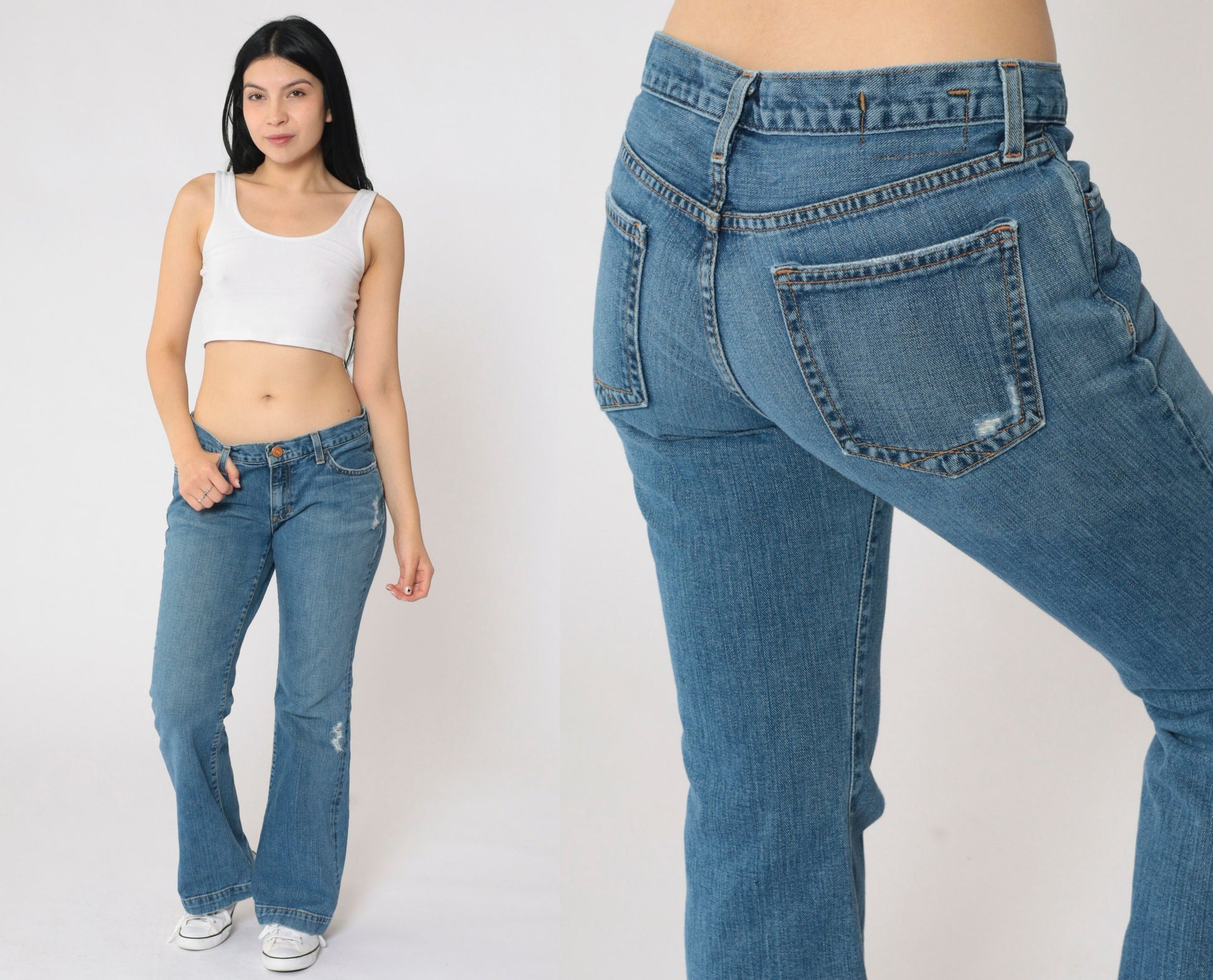 Gap Y2K Low Rise Flared Jeans Blue Distressed Denim Small 6