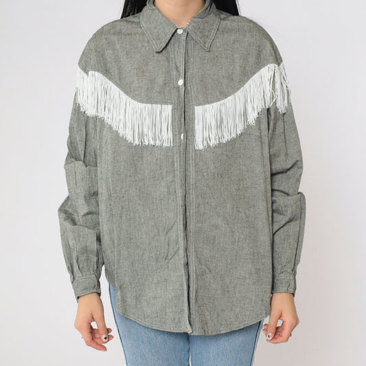 90s Lillie Rubin Western Fringe Shirt Grey Cotton Button-Up Large L