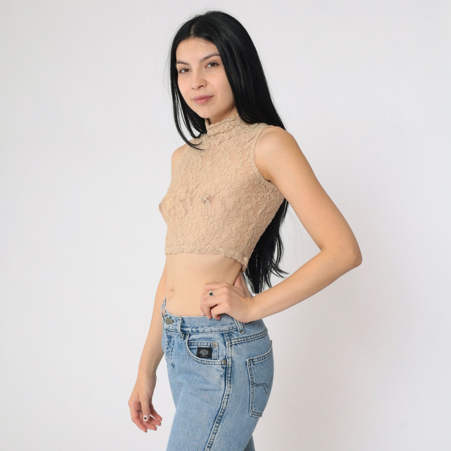 Y2K Beige Floral Lace Tank Top Mock Neck Crop Sleeveless Small S
