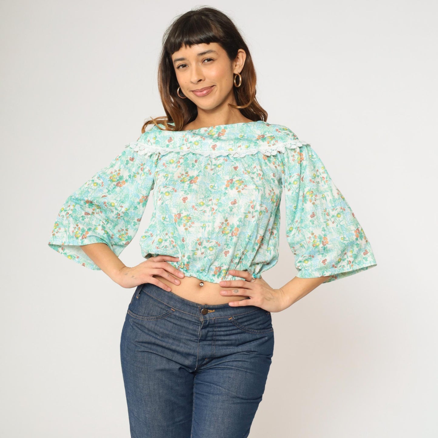 70s Peasant Blouse Fruit Print Crop Top Blue Green 3/4 Sleeve Extra Small