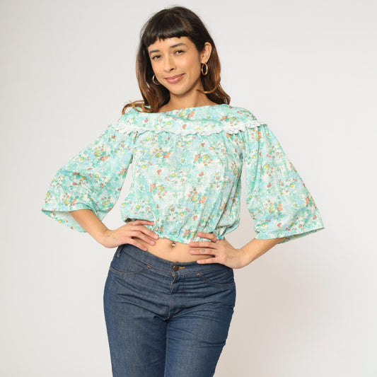 70s Peasant Blouse Fruit Print Crop Top Blue Green 3/4 Sleeve Extra Small