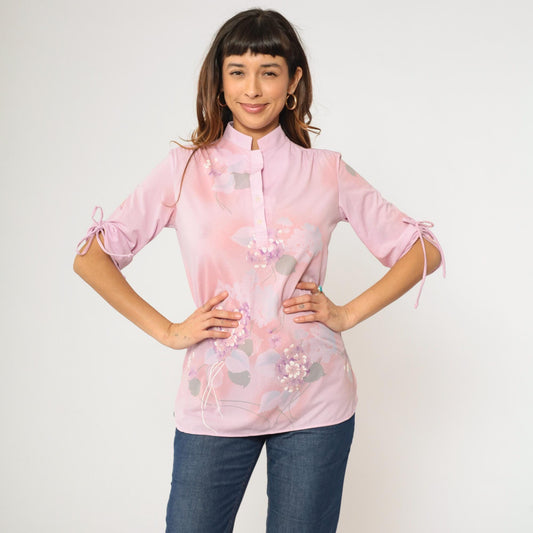 70s Lavender Pink Floral Mandarin Collar Blouse Tunic Small S