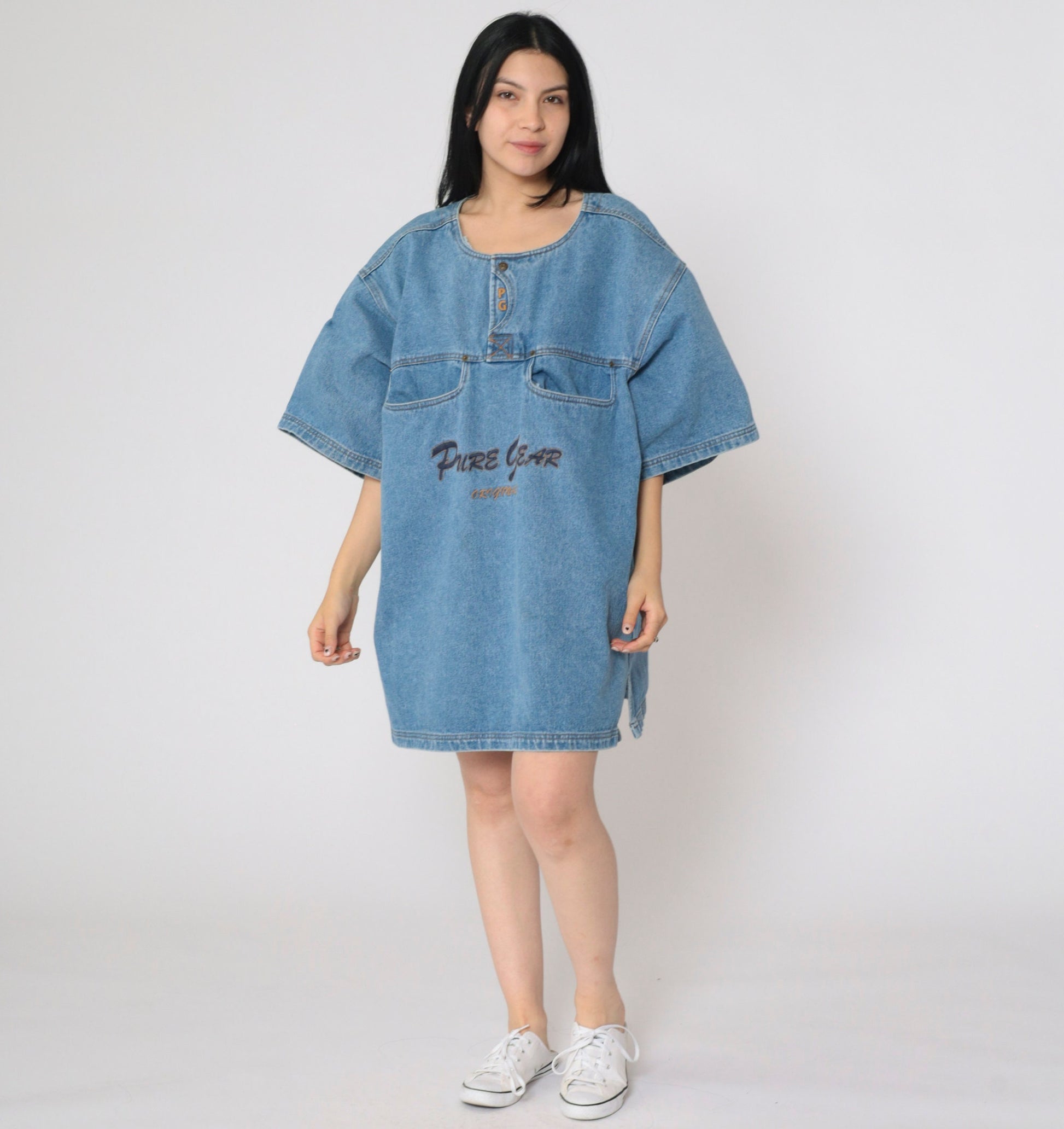 90s Pure Gear Denim Mini Dress Blue Utility Pockets Short Sleeve Extra Large