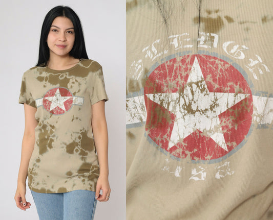 Y2K Sledge USA Star Emblem Tie-Dye Graphic Tee Olive Khaki Large L