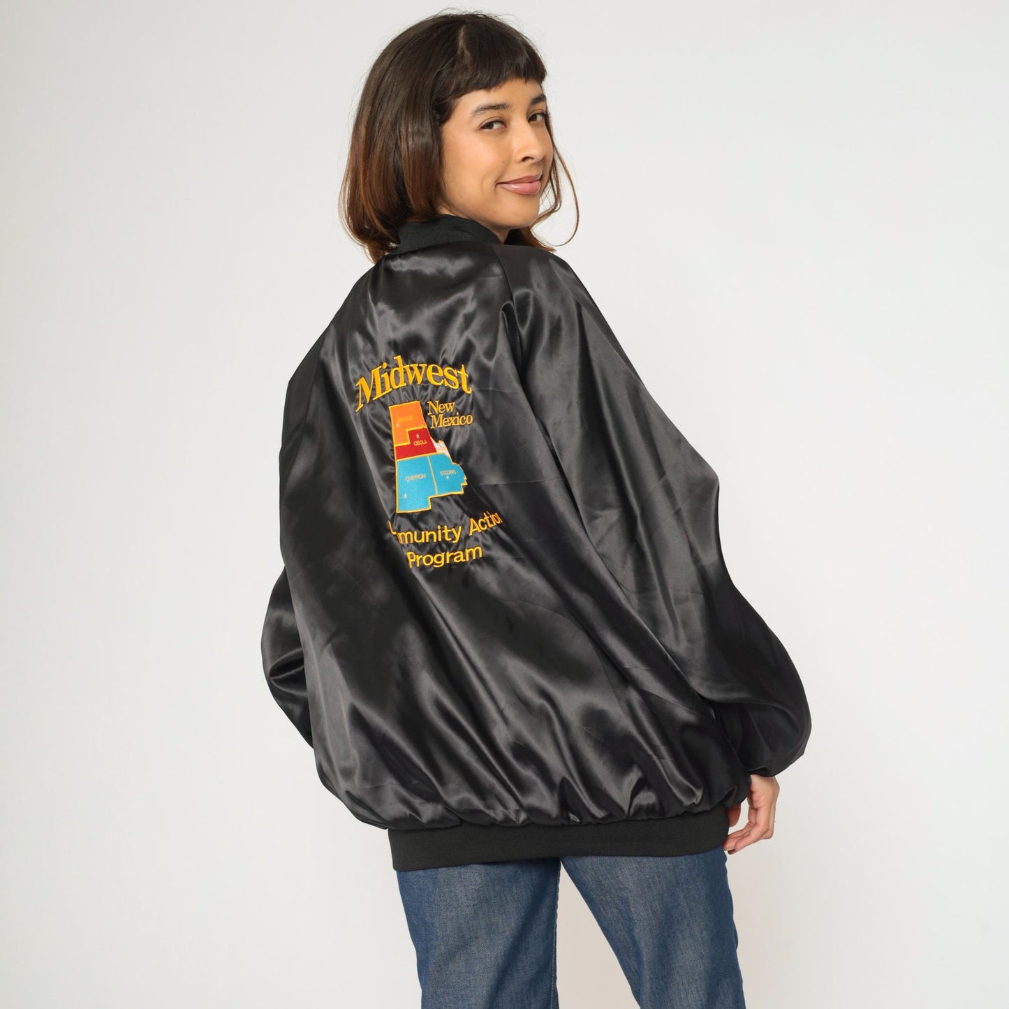 90s Midwest New Mexico Community Action Program Satin Bomber Jacket Black XXL