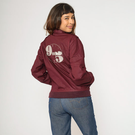 80s Burgundy Windbreaker Jacket 9 to 5 Clock Graphic Epaulette Zip-Up Small