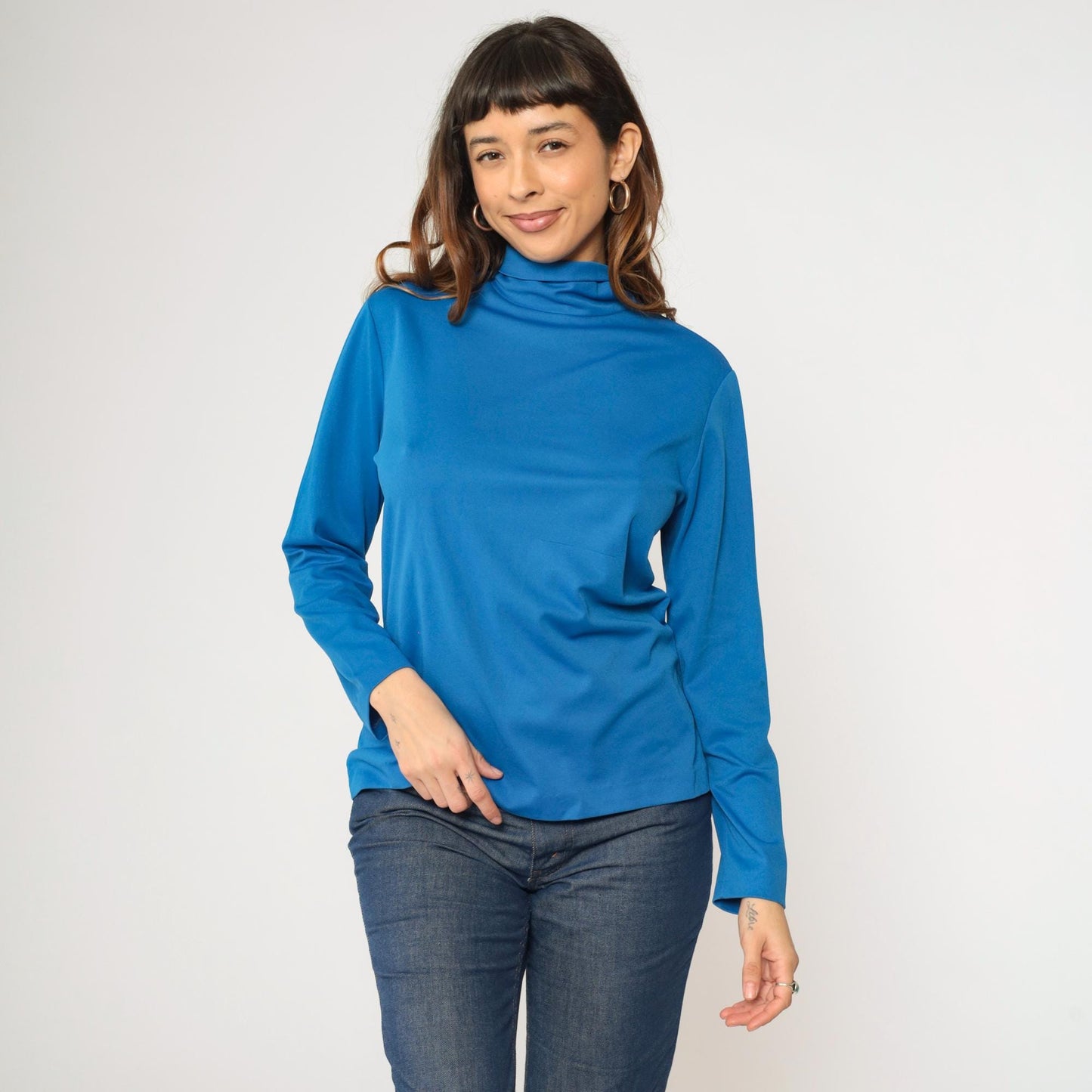 70s Bright Blue Turtleneck Long Sleeve Polyester Shirt Medium