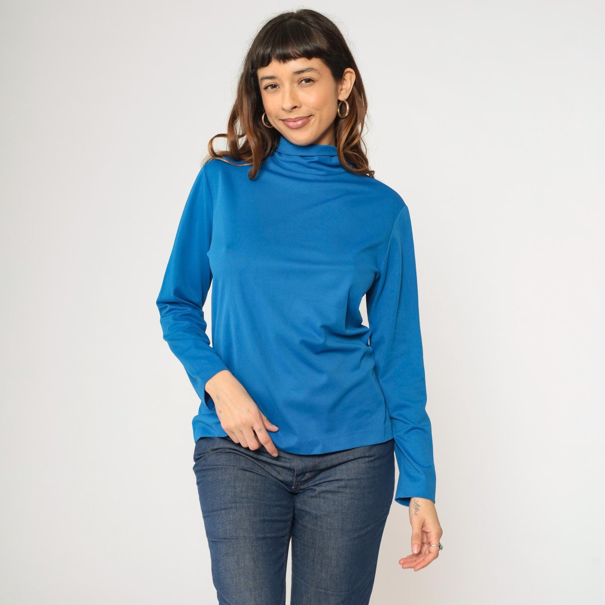 70s Bright Blue Turtleneck Long Sleeve Polyester Shirt Medium