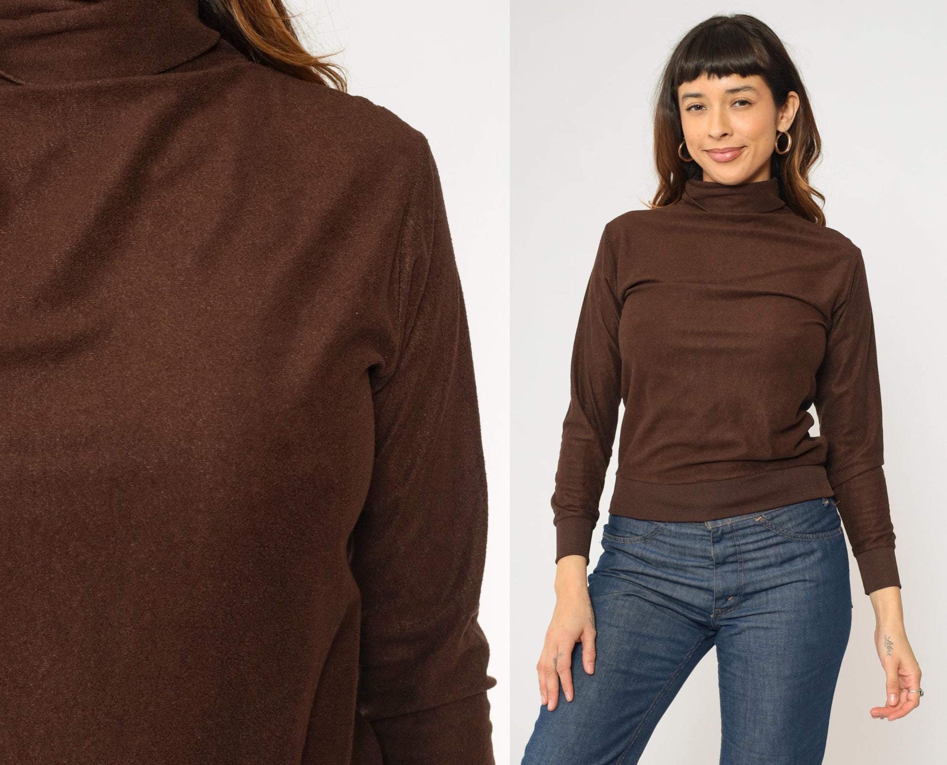 70s Brown Turtleneck Crop Top Long Sleeve Knit Shirt Extra Small XS