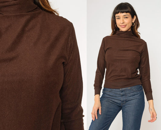 70s Brown Turtleneck Crop Top Long Sleeve Knit Shirt Extra Small XS