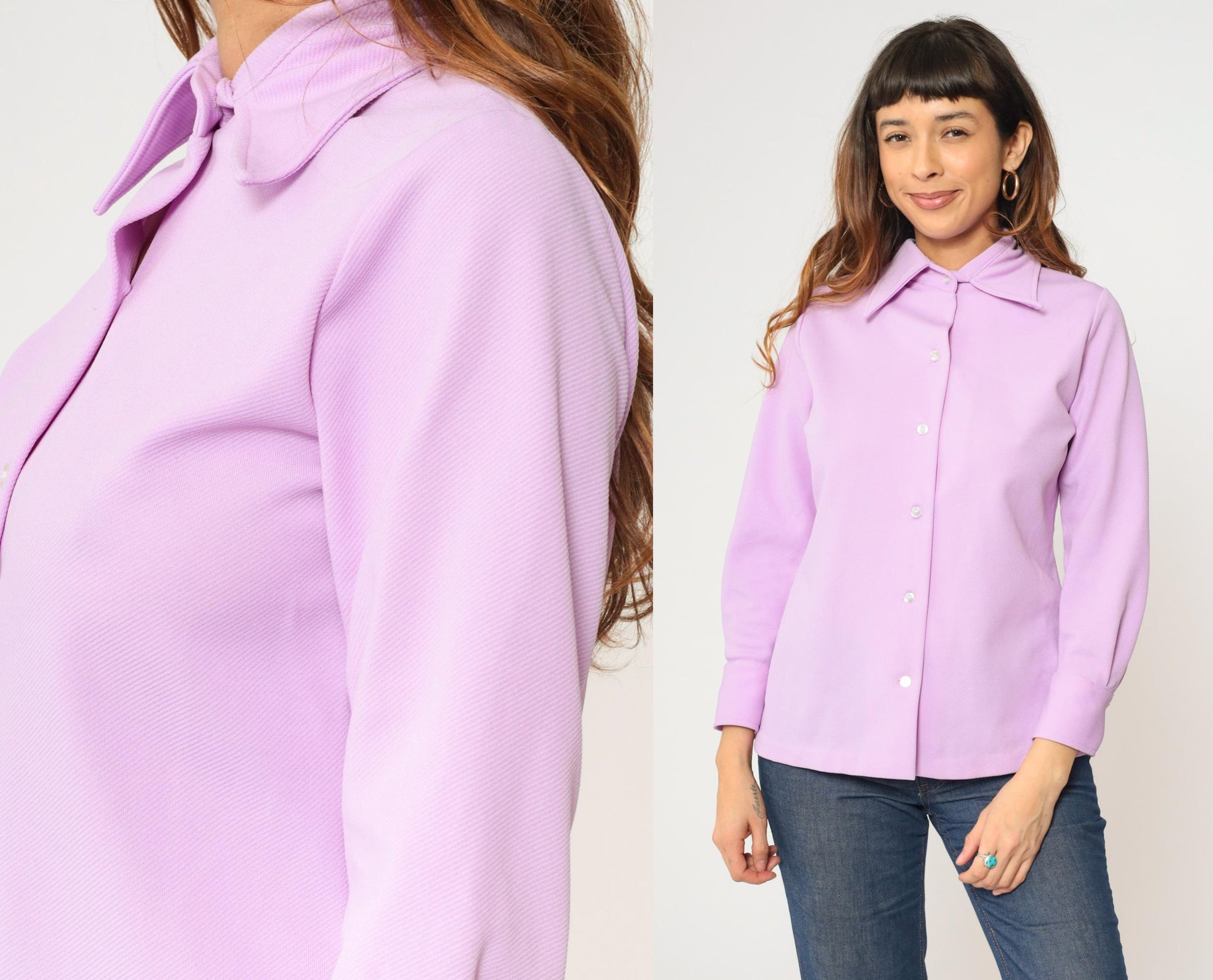 70s Lavender Button Up Blouse Dagger Collar Long Sleeve Shirt Medium