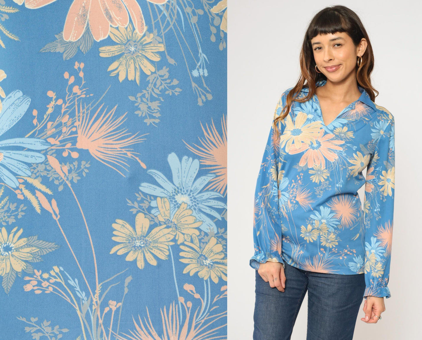 70s Floral Shirt Blue Flower Print V-Neck Pointed Collar Long Sleeve Medium