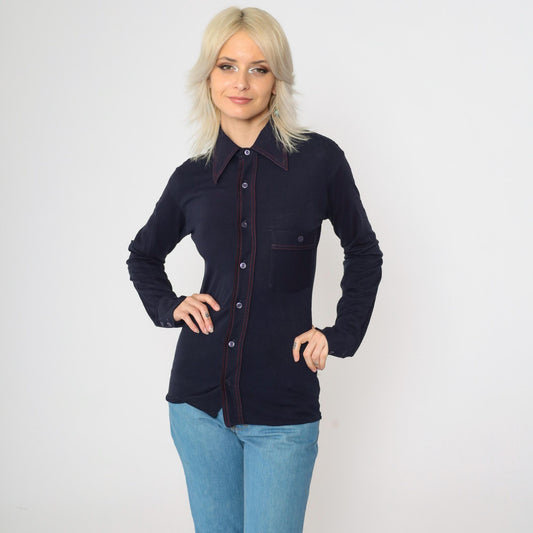 70s Navy Button-Up Shirt Dagger Collar Topstitch Red Accent Extra Small