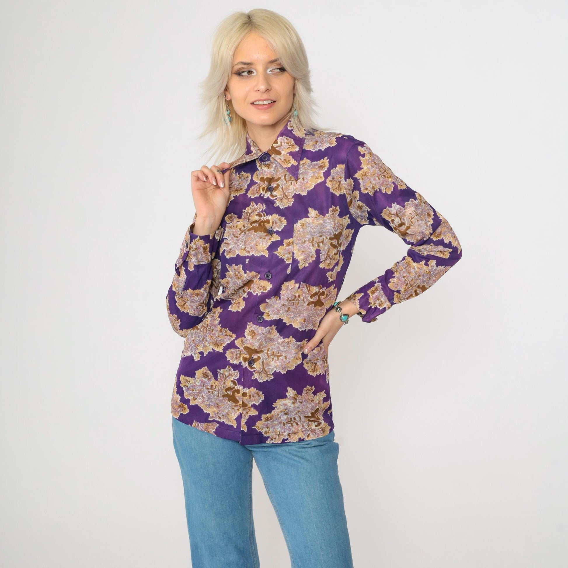 70s Purple Pastoral Lute Player Dagger Collar Shirt Long Sleeve Extra Small