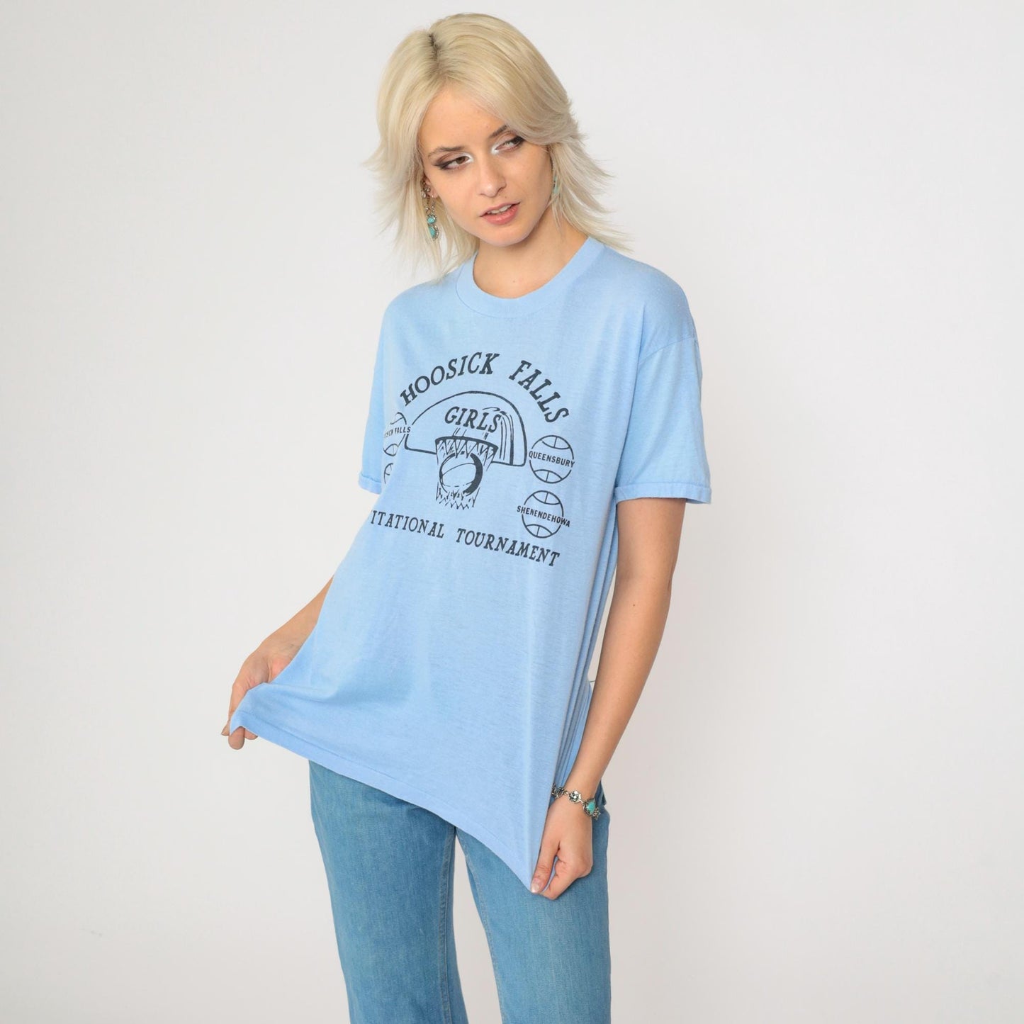 80s Hoosick Falls Girls Invitational Basketball Tournament Tee Light Blue Small