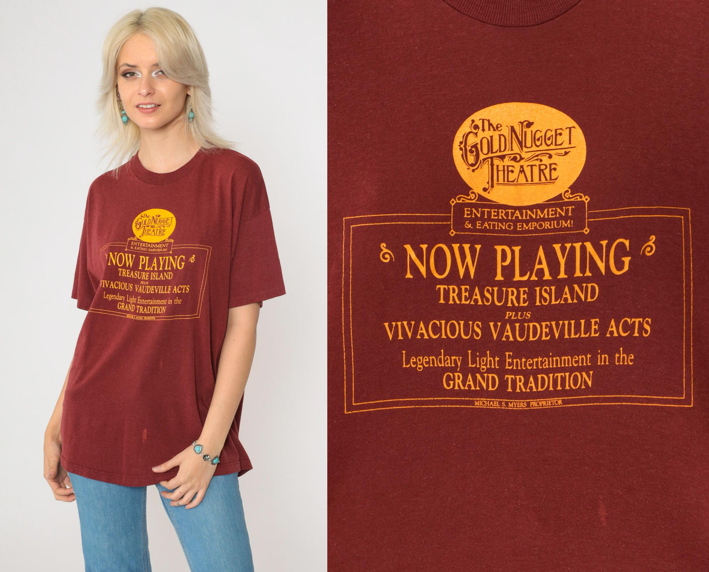 80s Gold Nugget Theatre Maroon Graphic T-Shirt Treasure Island Vaudeville Large