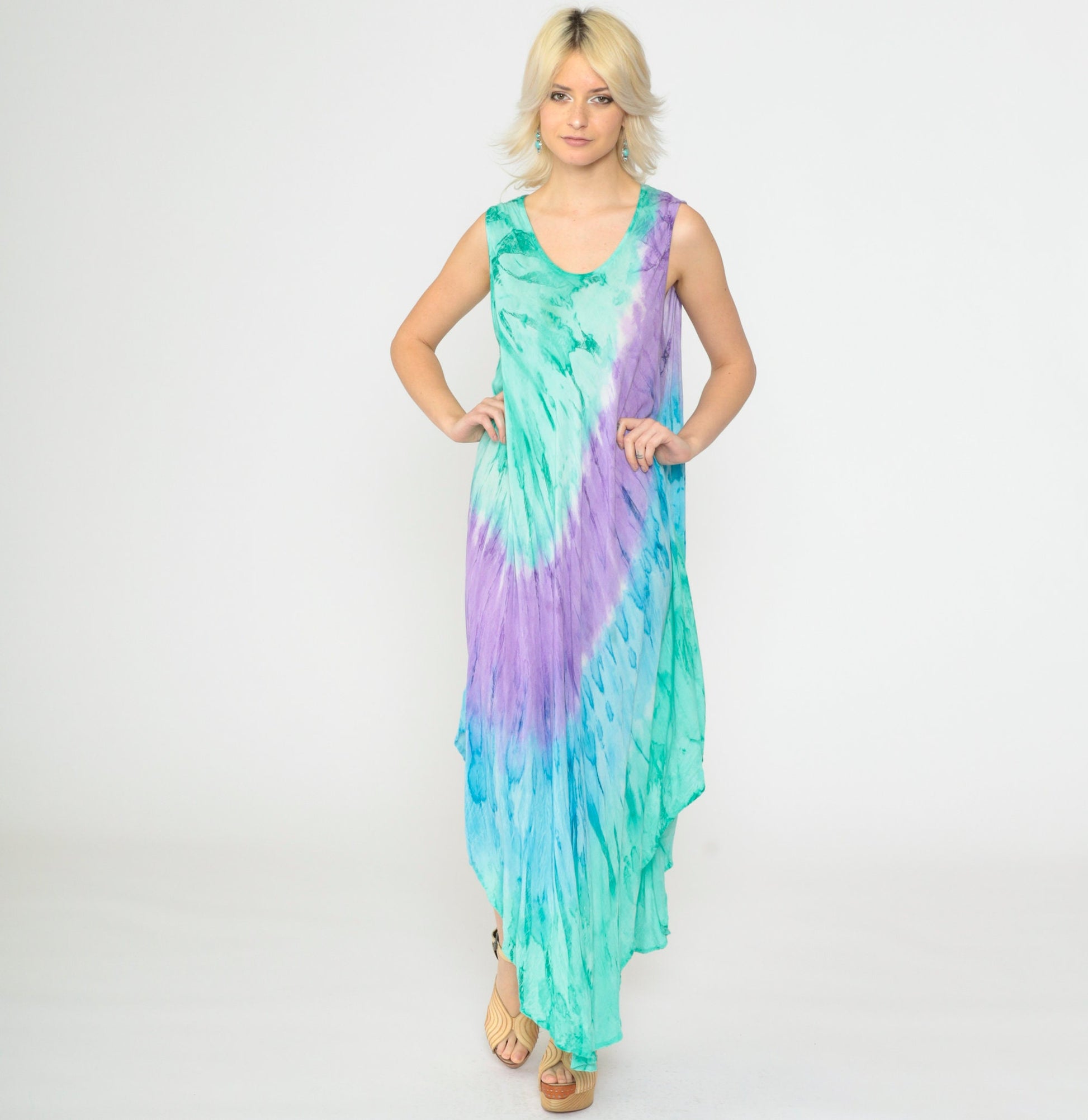 Y2K Tie-Dye Asymmetrical Sundress Sleeveless Scoop Neck Green Purple Blue XXL