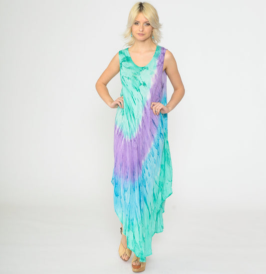 Y2K Tie-Dye Asymmetrical Sundress Sleeveless Scoop Neck Green Purple Blue XXL