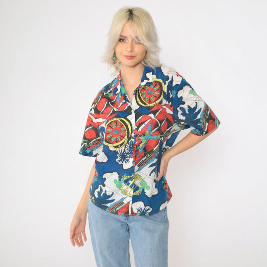 90s Nautical Print Button-Up Shirt Compass Parrot Globe Map Short Sleeve Large