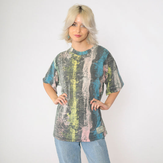 90s Lightning Bolt Abstract Crackle Stripe T-Shirt Pastel Crew Neck Medium