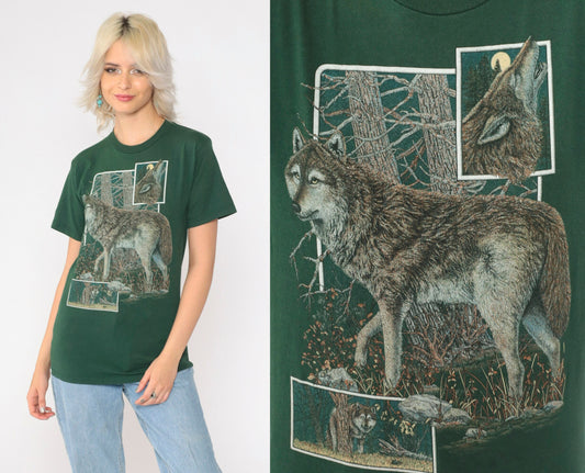 90s Wolf Graphic T-Shirt Green Cotton Crewneck Small S