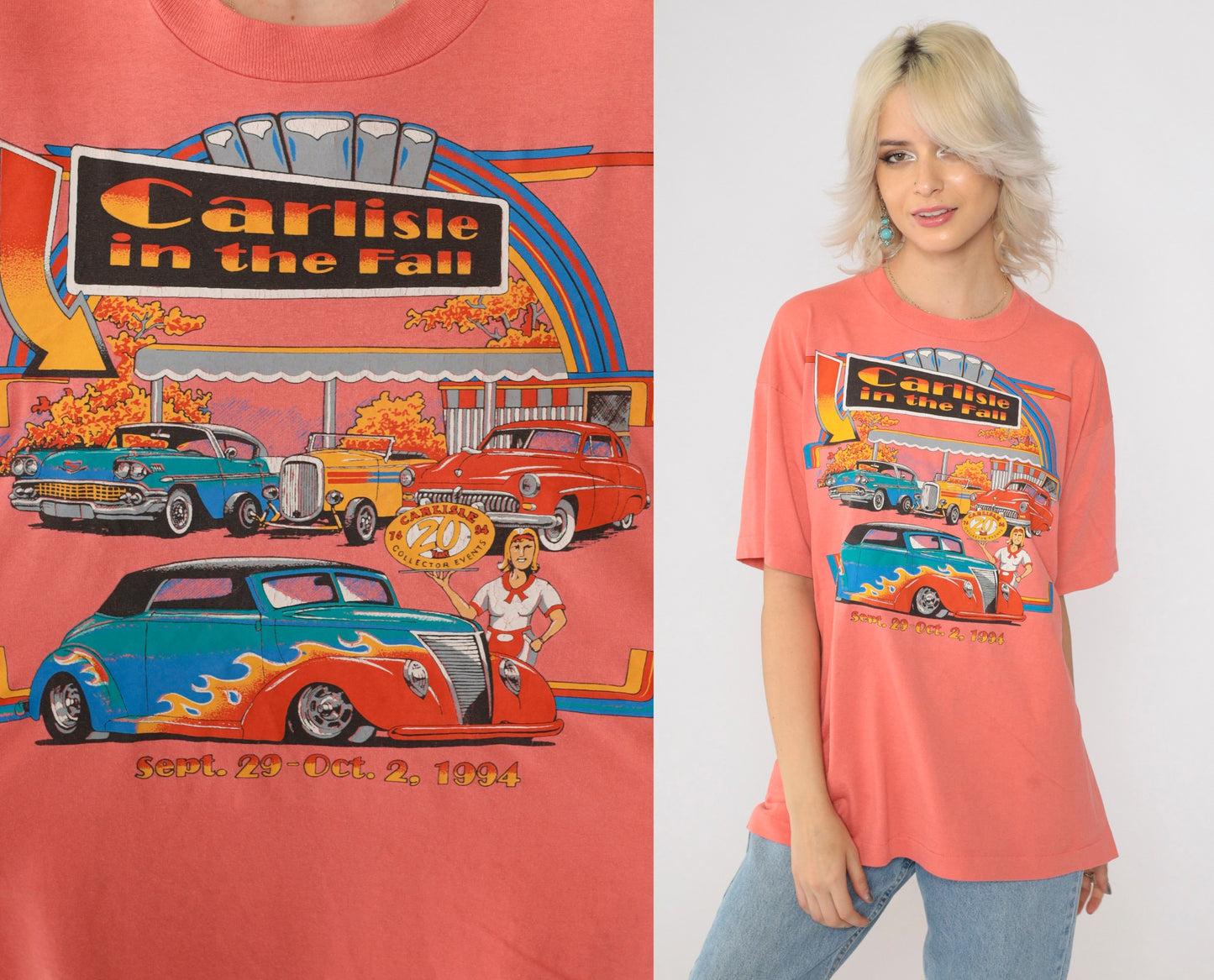 1994 Carlisle in the Fall Classic Car Graphic T-Shirt Coral Extra Large